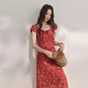 Red Floral Chiffon Square Neck Midi Dress