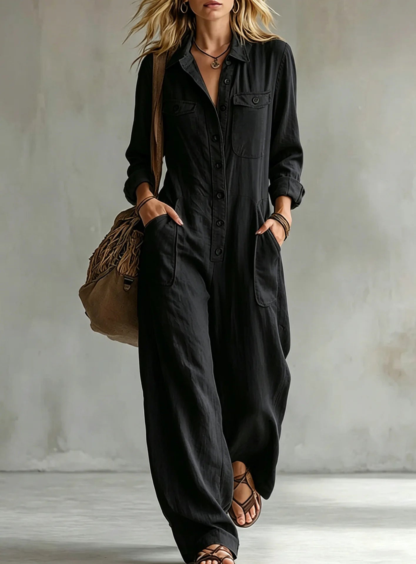 Lapel Collar Wide Leg Jumpsuit with Pockets