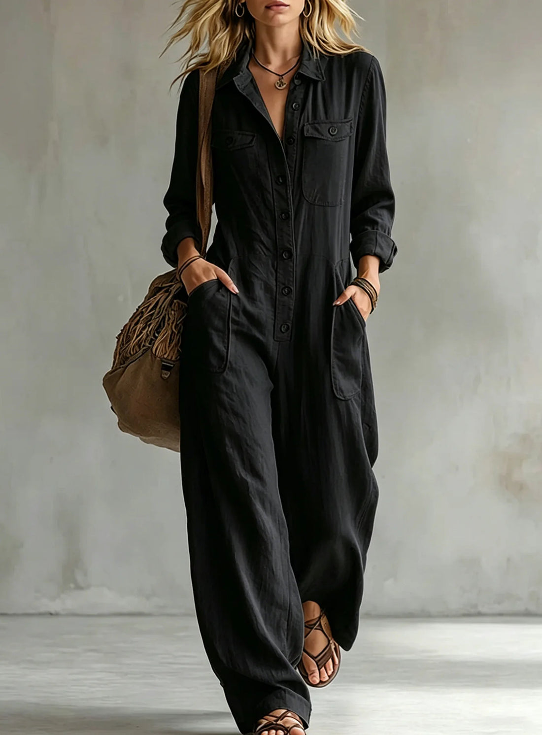 Lapel Collar Wide Leg Jumpsuit with Pockets