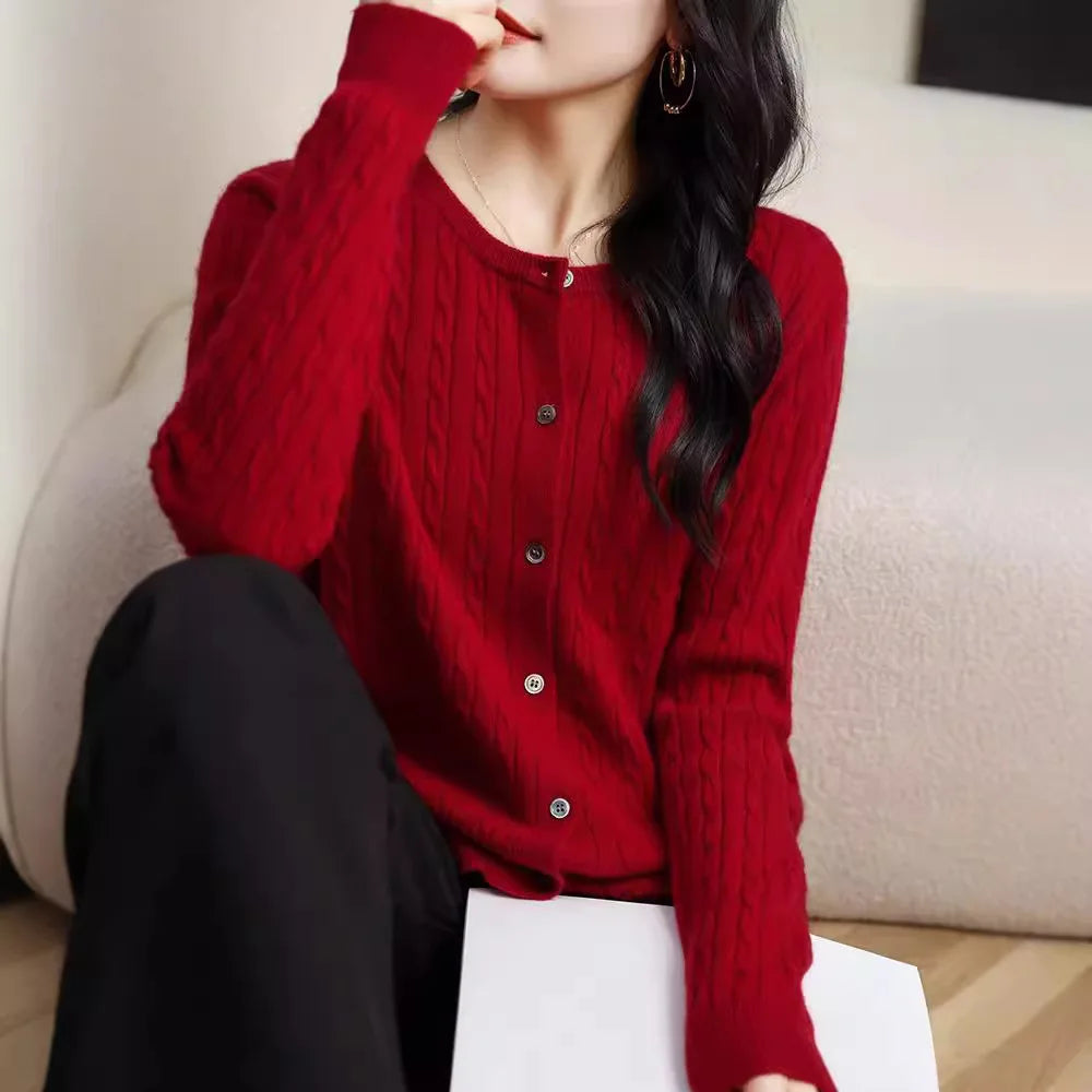 Thick Knit Round Neck Button Cardigan