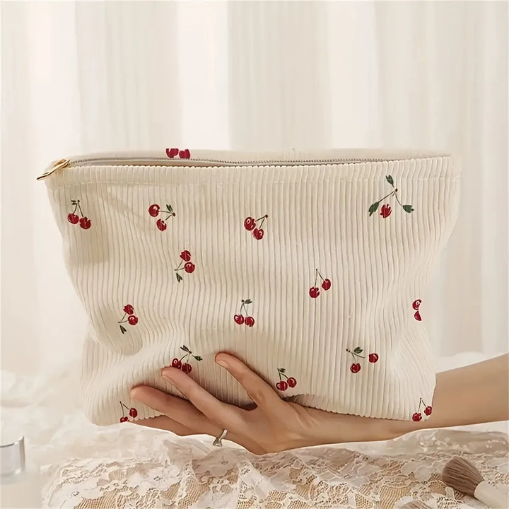 Cherry Print Corduroy Makeup Pouch