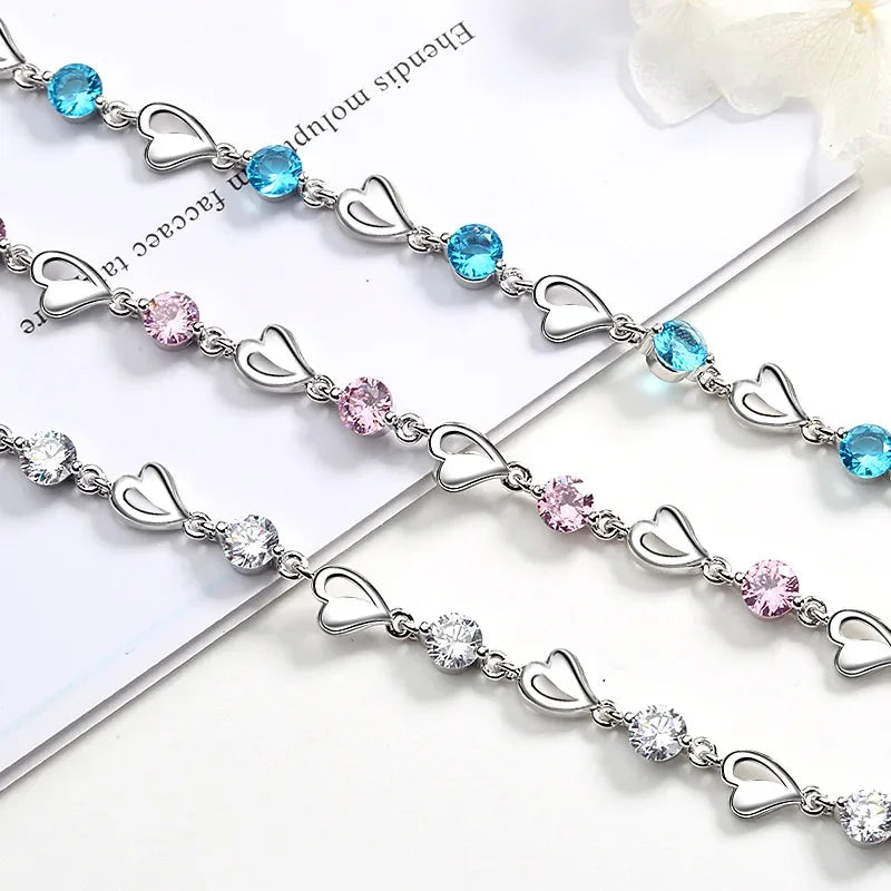 Sterling Silver Blue Crystal Heart Bracelet