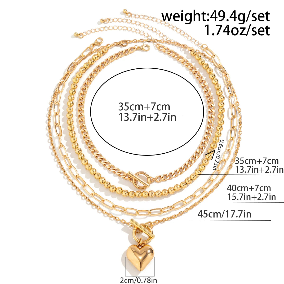 Gold Heart Pendant Layering Necklace Set of 4