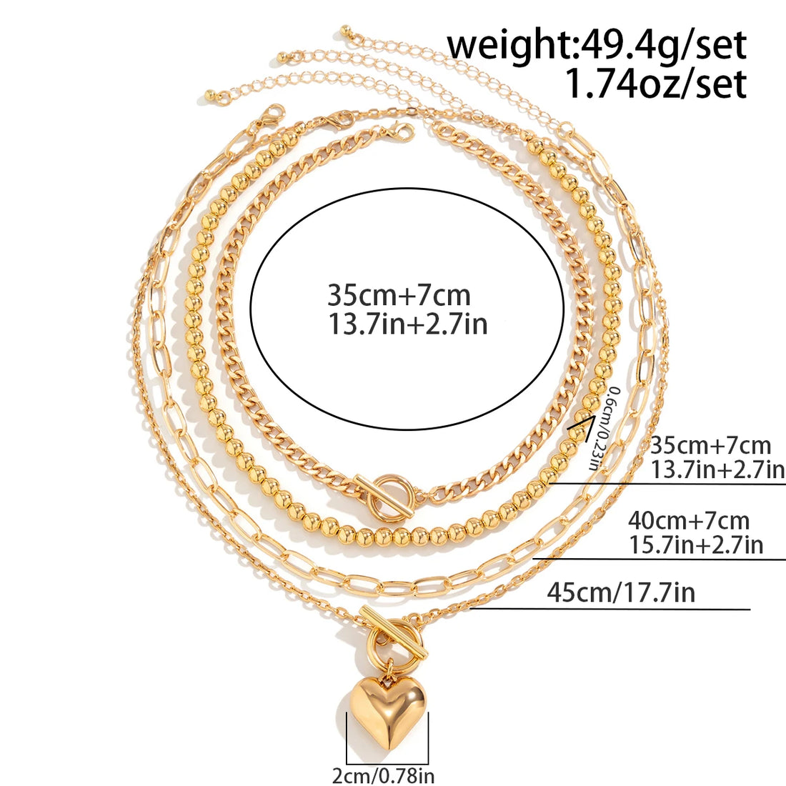 Gold Heart Pendant Layering Necklace Set of 4