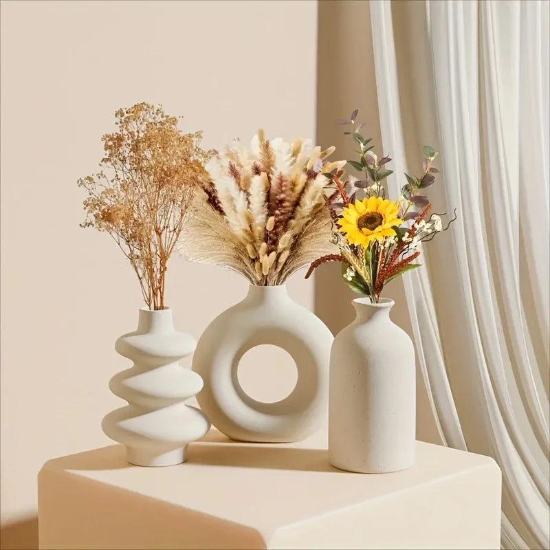 White Ceramic Bohemian Vase Set of 3