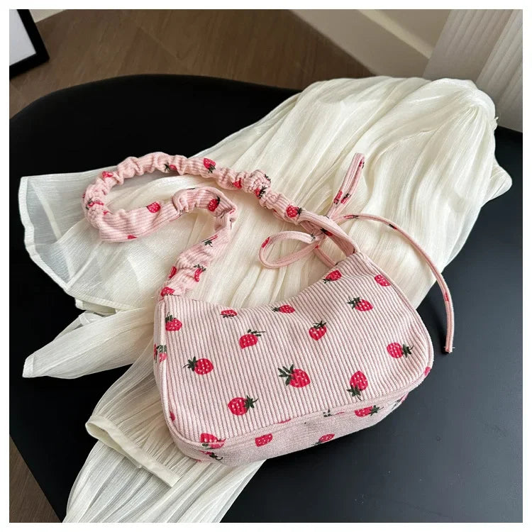 Strawberry Corduroy Half Moon Shoulder Bag