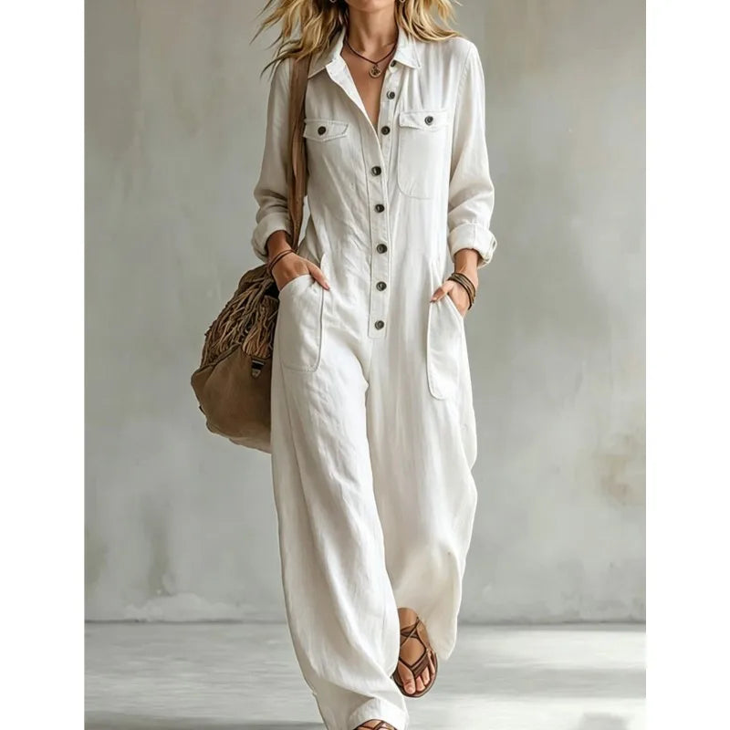 Lapel Collar Wide Leg Jumpsuit with Pockets