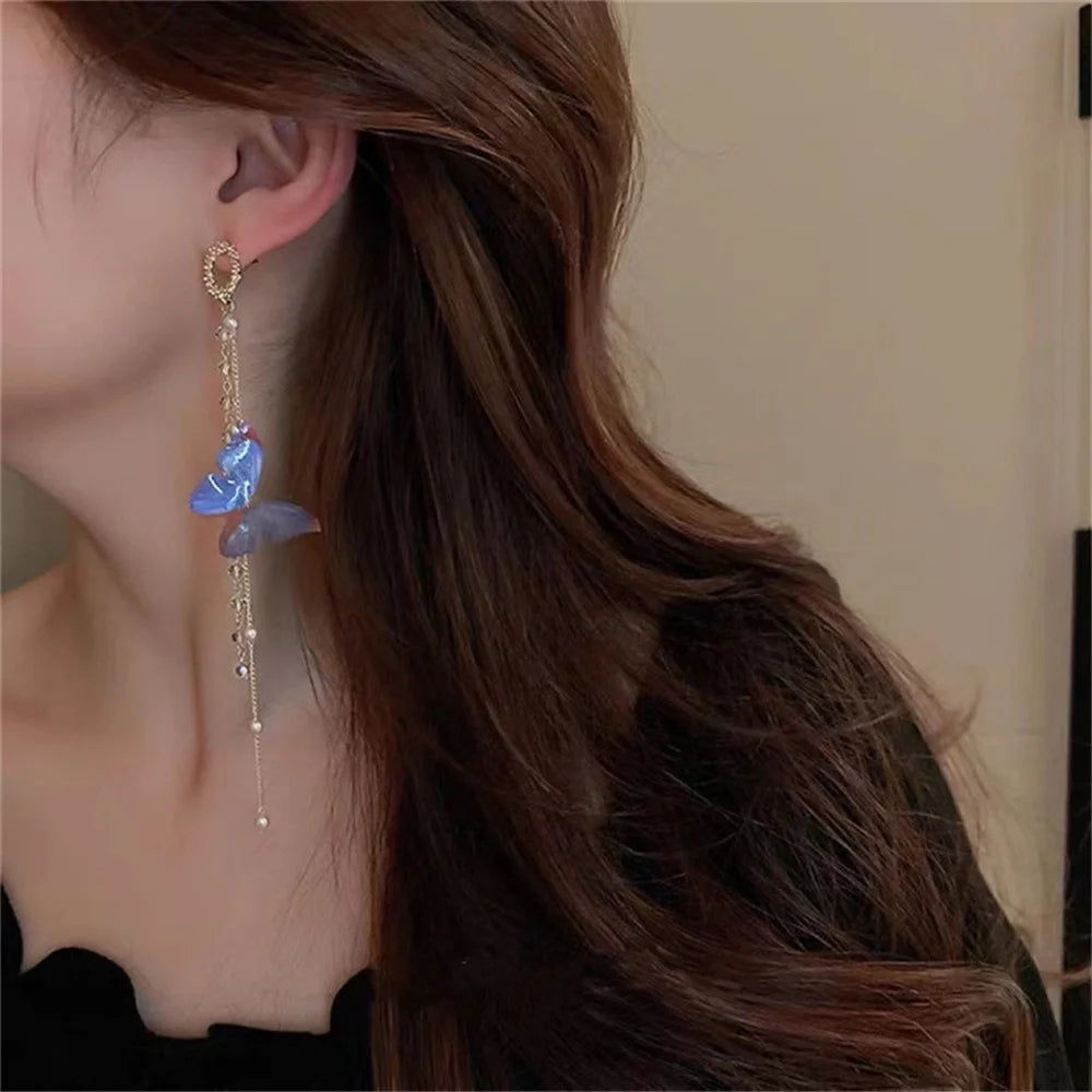 Pearl and Zircon Butterfly Tassel Earrings