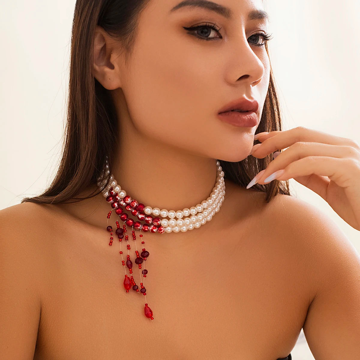 Gothic Pearl and Crystal Tassel Necklace