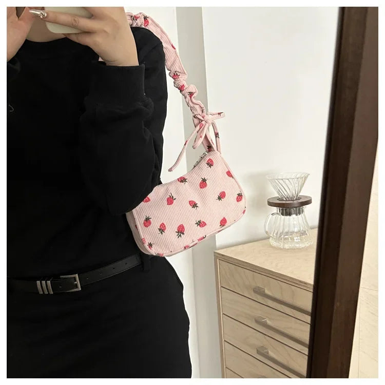Strawberry Corduroy Half Moon Shoulder Bag