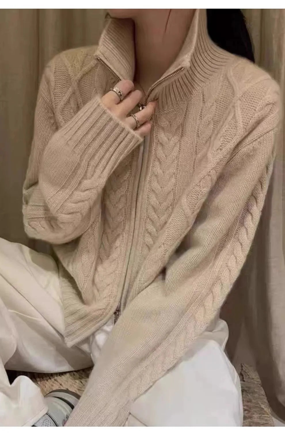 Pure Cashmere Turtleneck Zip Cardigan