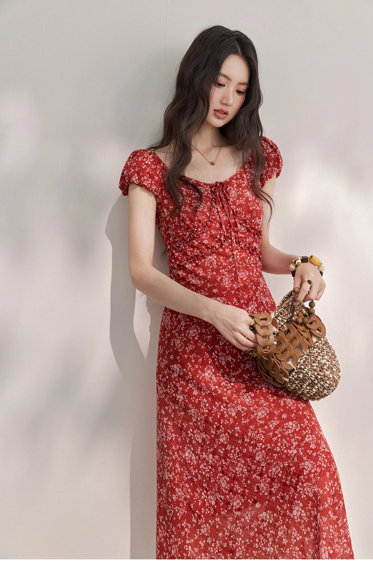 Red Floral Chiffon Square Neck Midi Dress