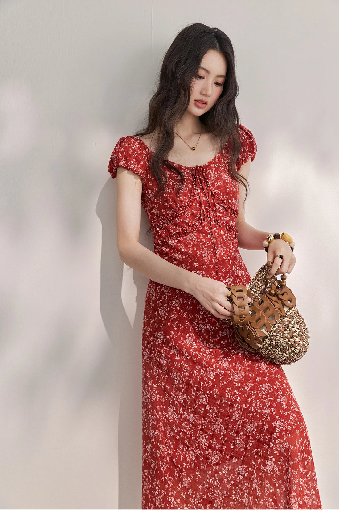 Red Floral Chiffon Square Neck Midi Dress