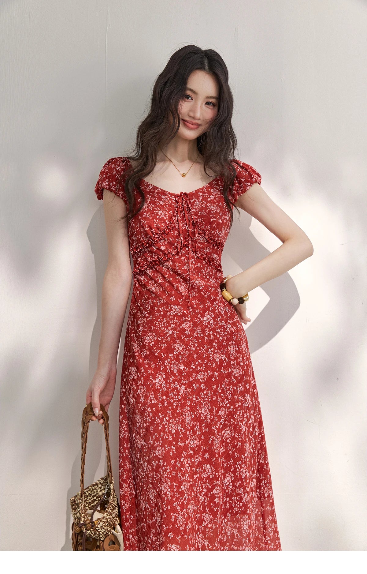Red Floral Chiffon Square Neck Midi Dress