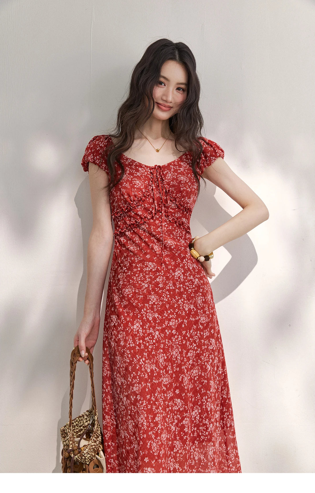 Red Floral Chiffon Square Neck Midi Dress