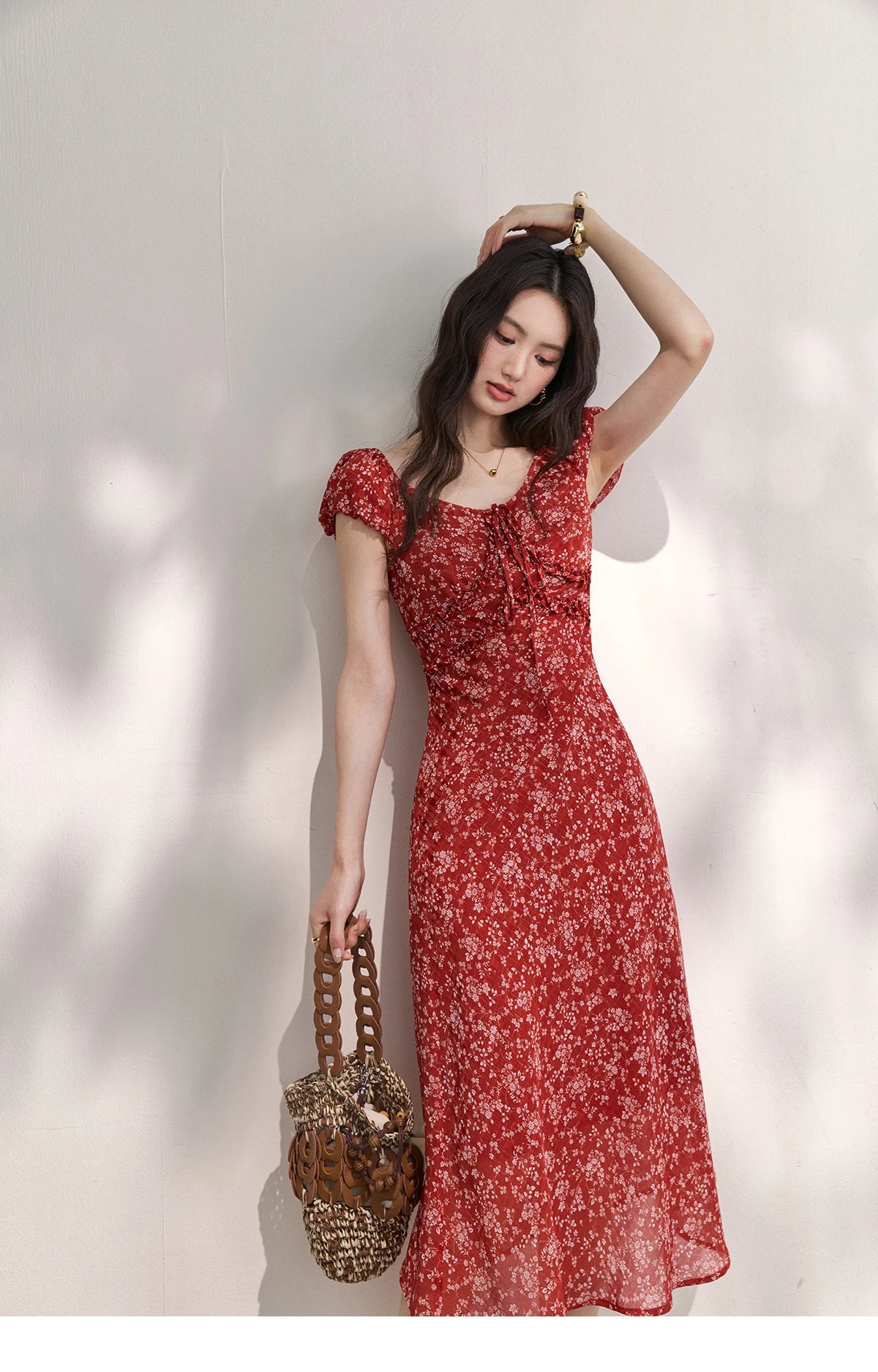 Red Floral Chiffon Square Neck Midi Dress