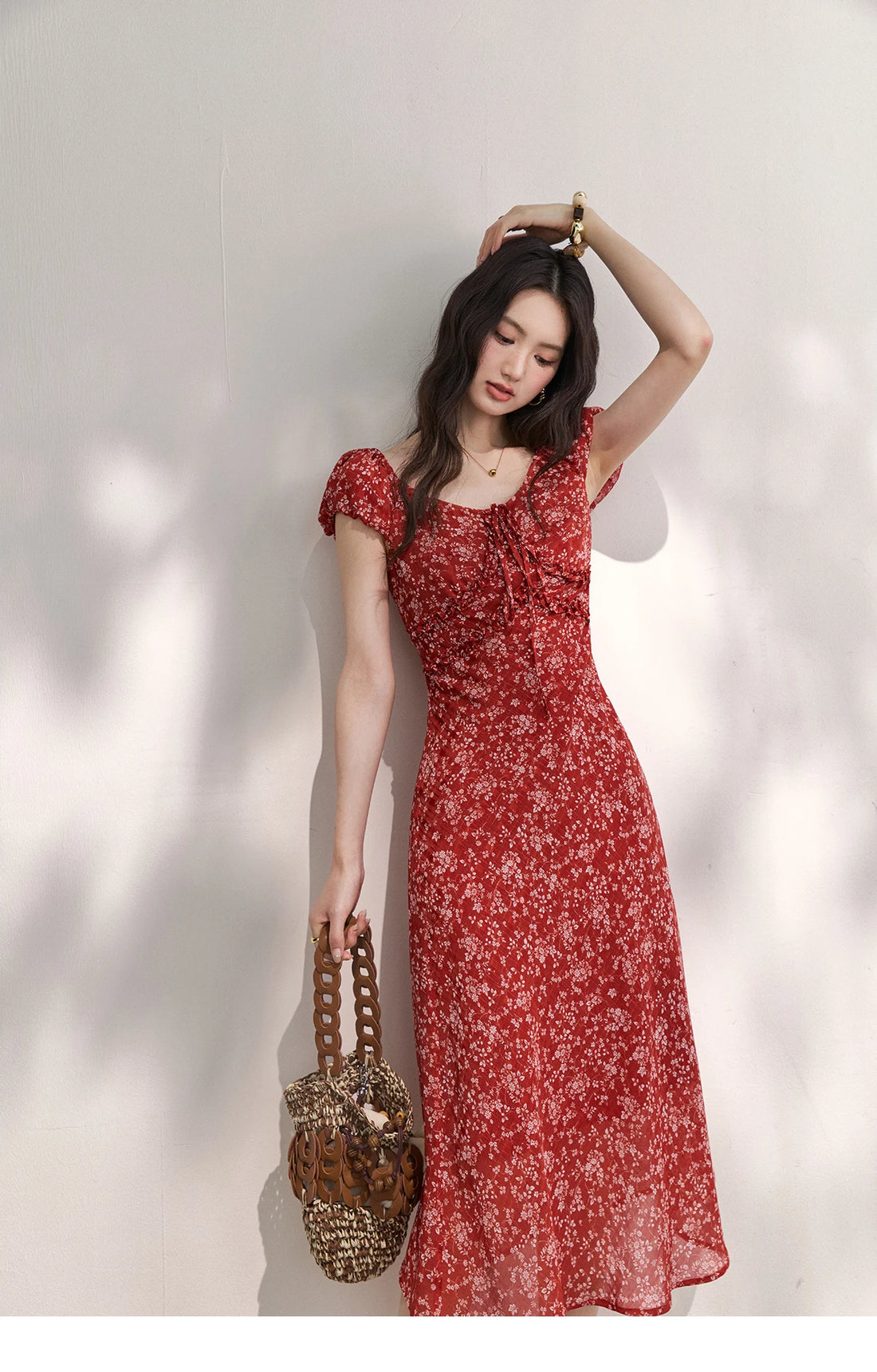 Red Floral Chiffon Square Neck Midi Dress