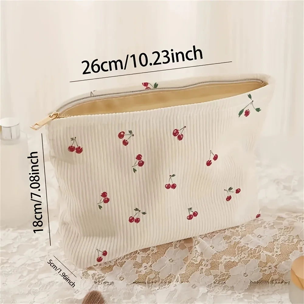 Cherry Print Corduroy Makeup Pouch