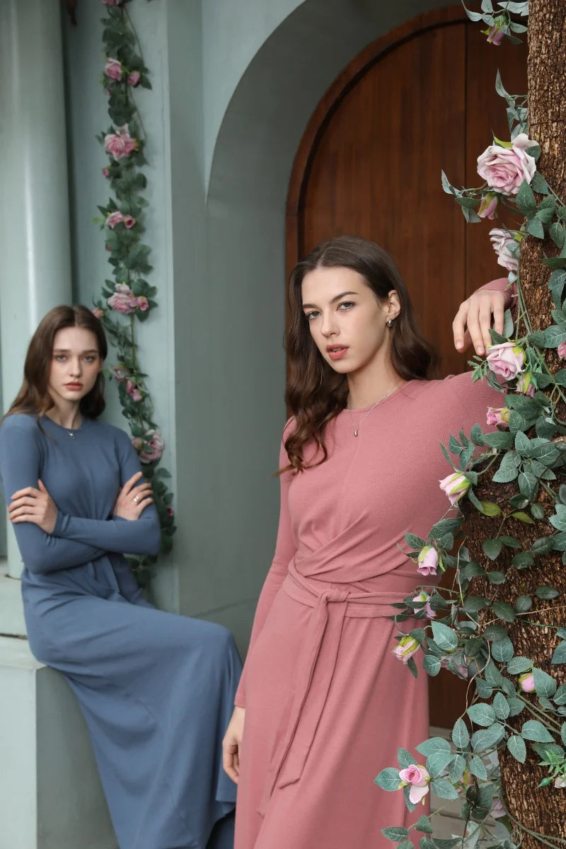 Ribbed Wrap Top and A Line Dress Set