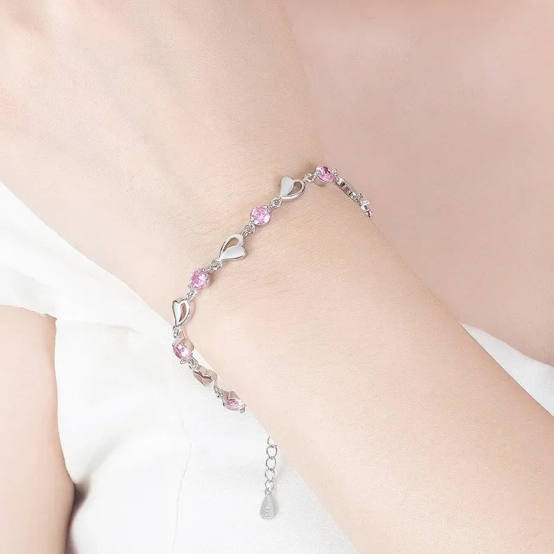 Sterling Silver Blue Crystal Heart Bracelet