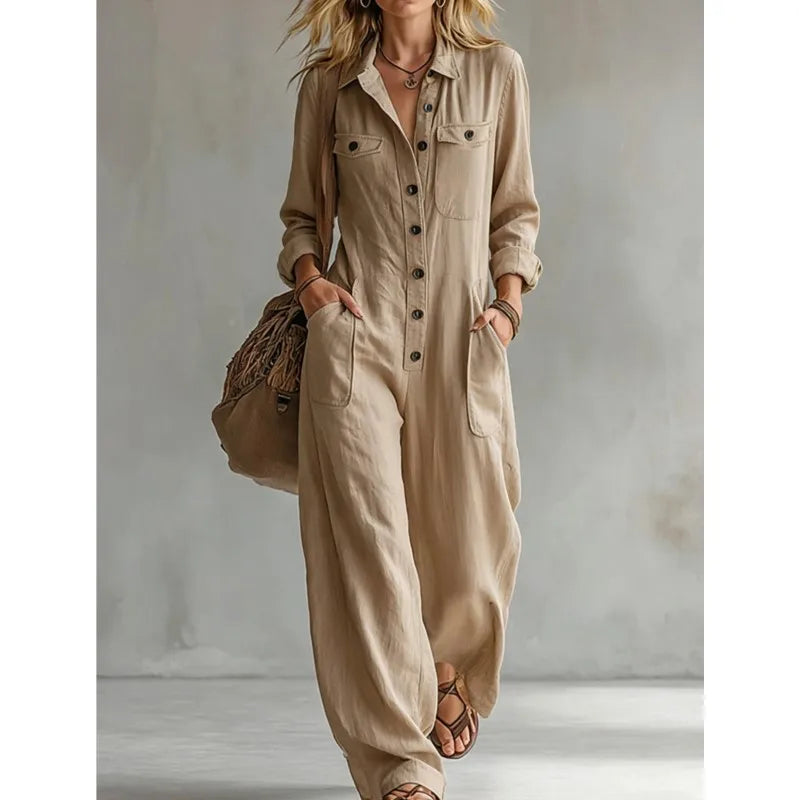 Lapel Collar Wide Leg Jumpsuit with Pockets