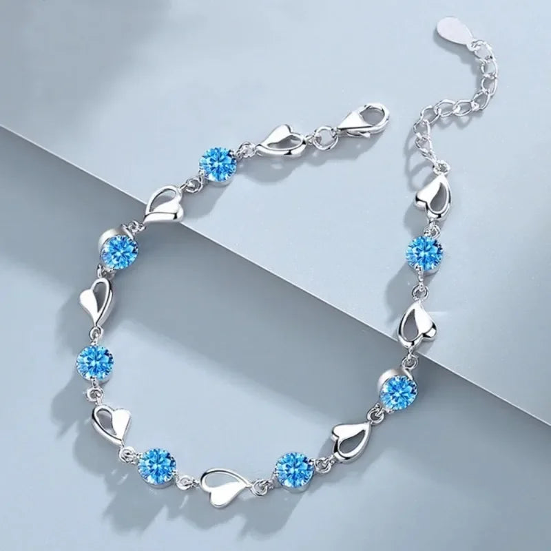 Sterling Silver Blue Crystal Heart Bracelet