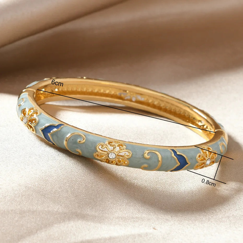 Enamel Flower Zircon Cuff Bangle