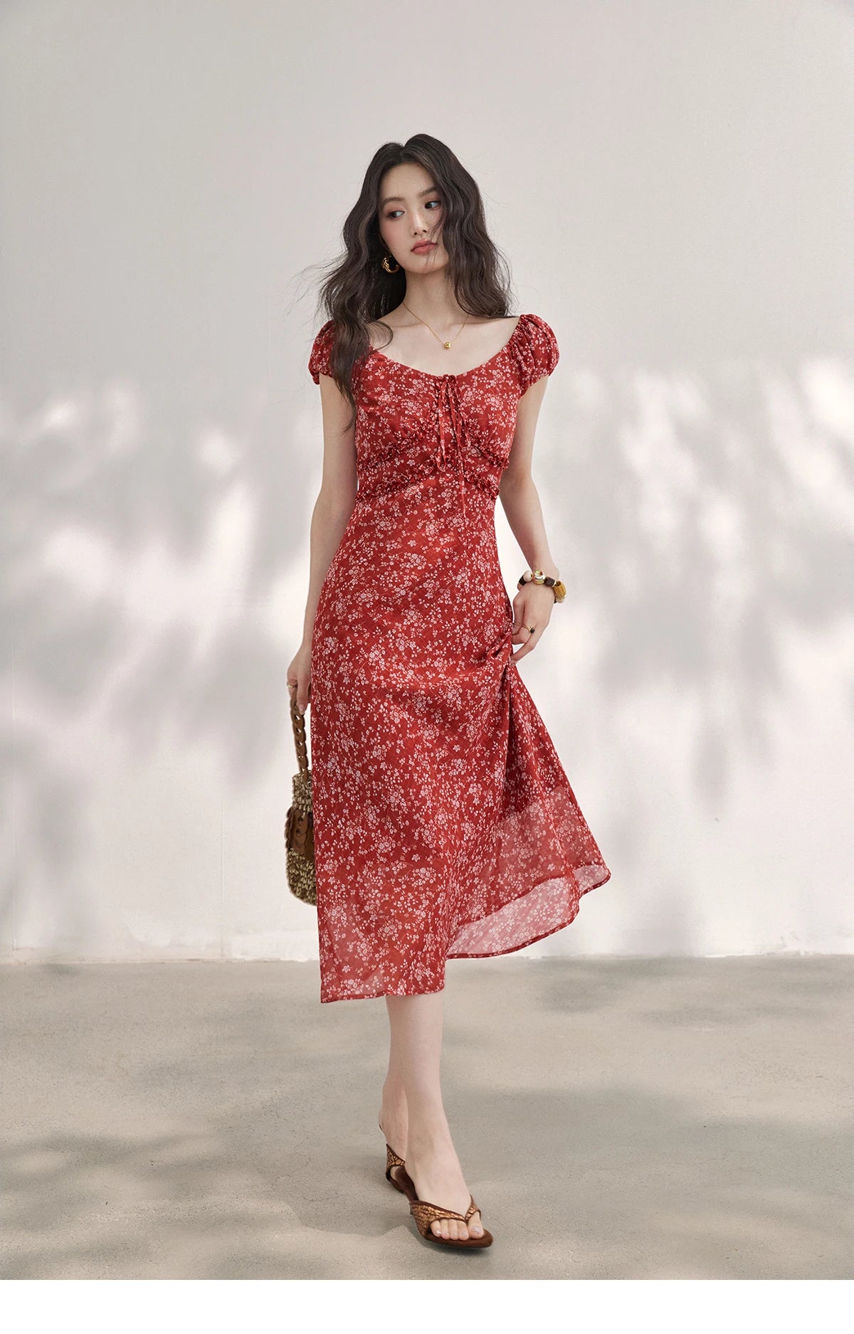 Red Floral Chiffon Square Neck Midi Dress