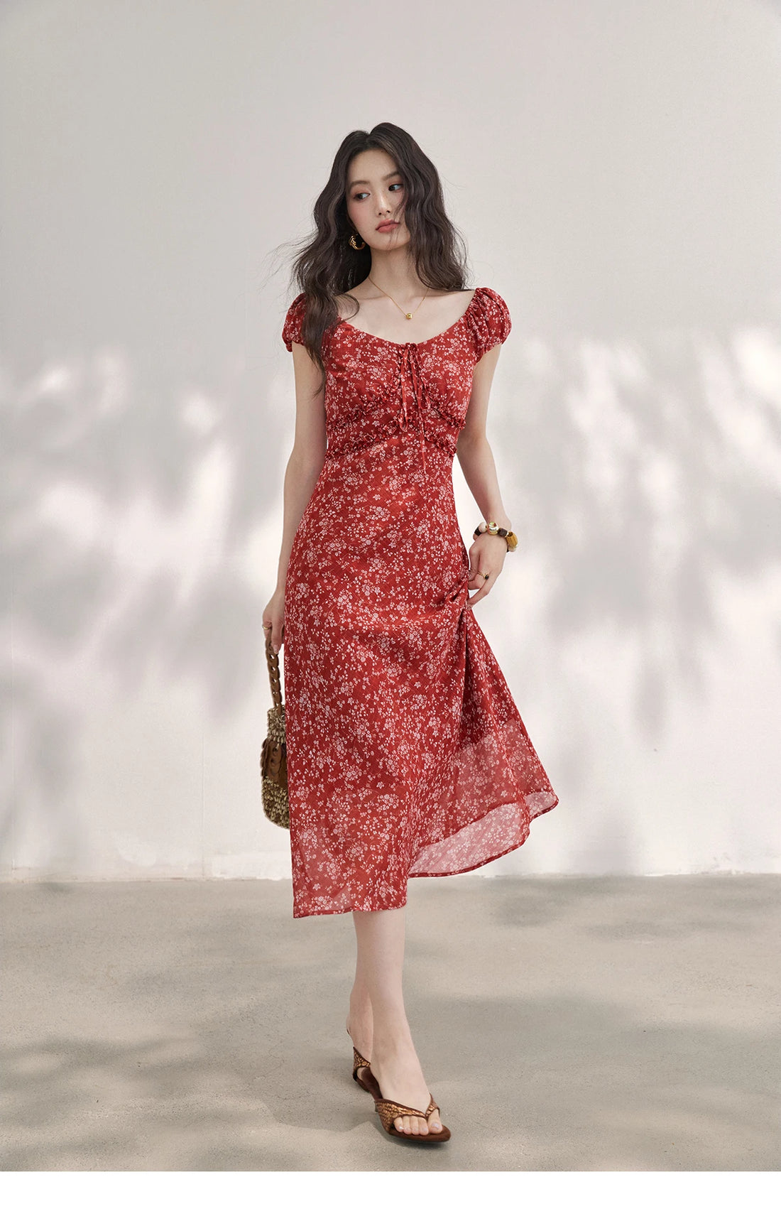 Red Floral Chiffon Square Neck Midi Dress
