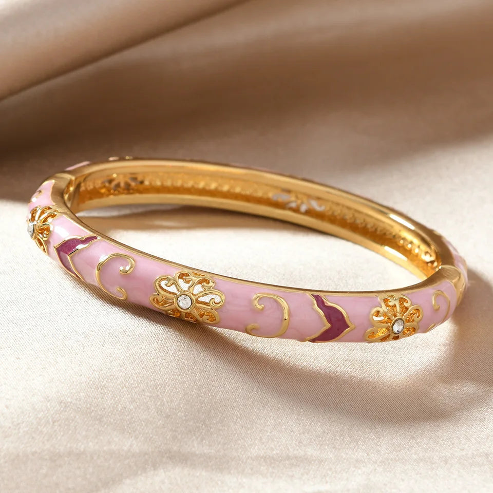 Enamel Flower Zircon Cuff Bangle