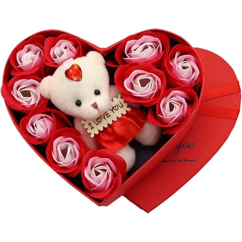 Artificial Rose and Teddy Bear Gift Box