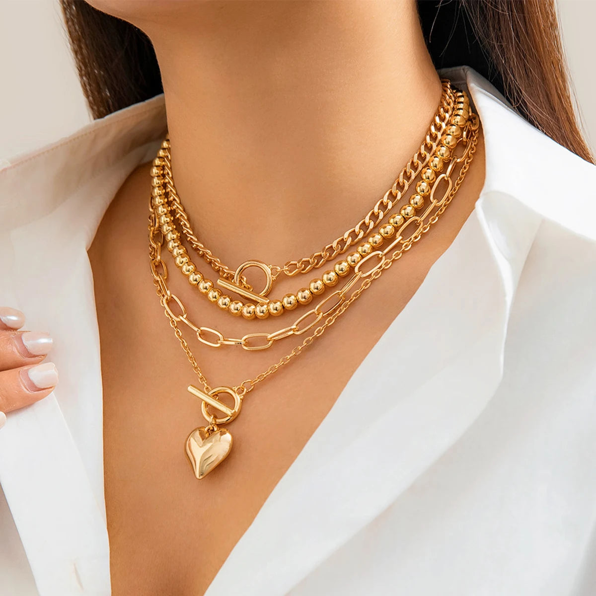 Gold Heart Pendant Layering Necklace Set of 4