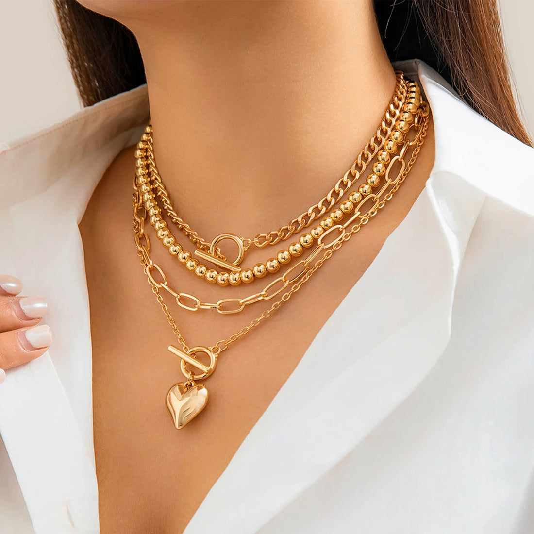 Gold Heart Pendant Layering Necklace Set of 4