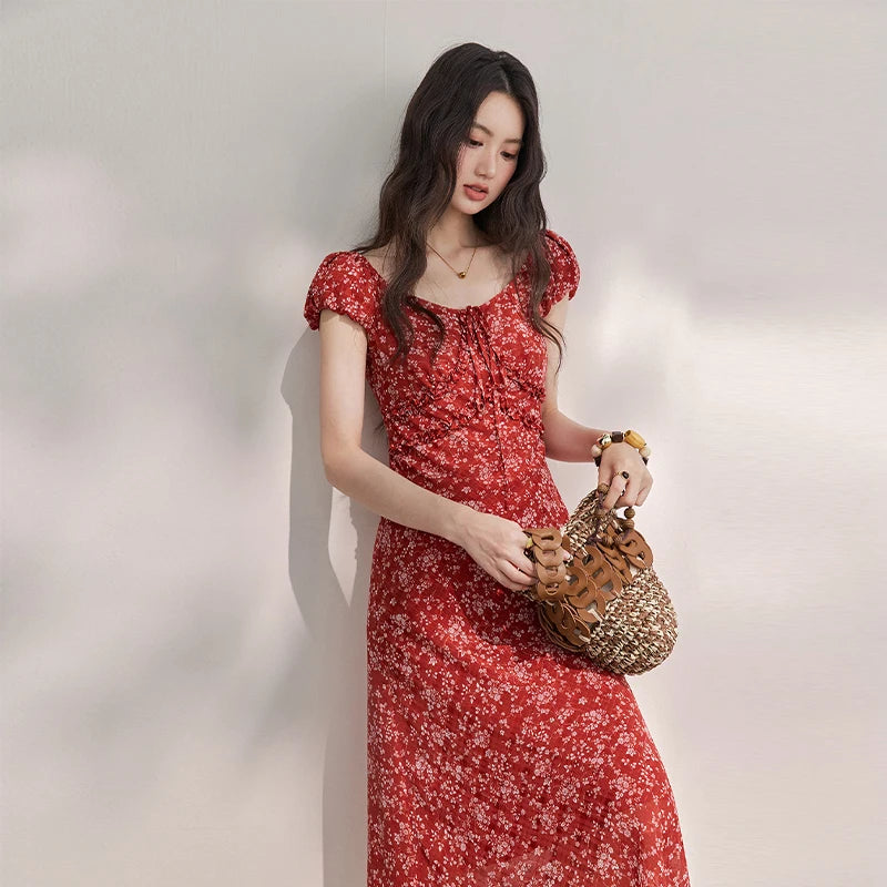 Red Floral Chiffon Square Neck Midi Dress