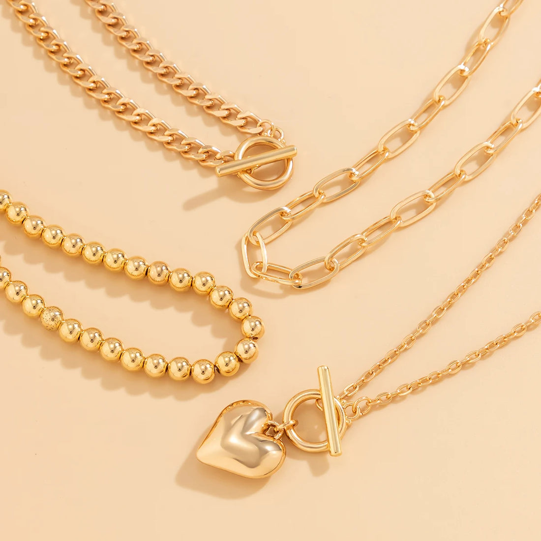 Gold Heart Pendant Layering Necklace Set of 4
