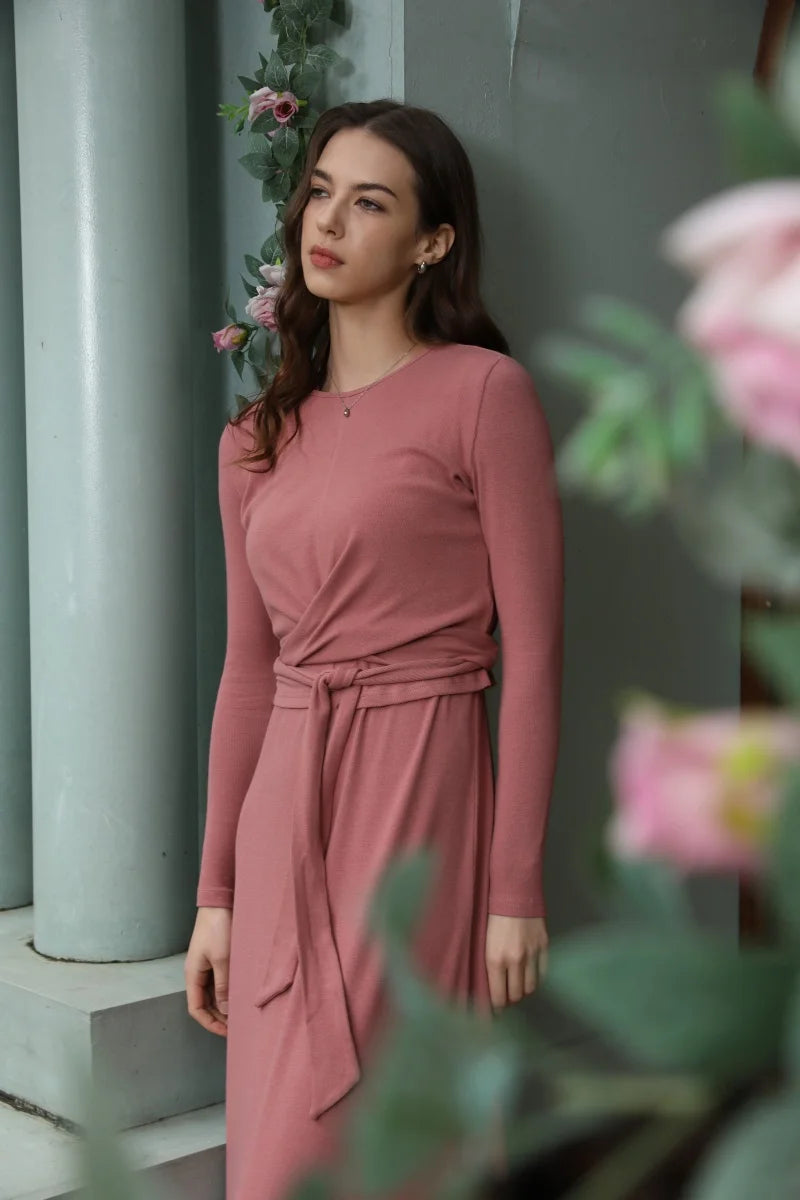 Ribbed Wrap Top and A Line Dress Set