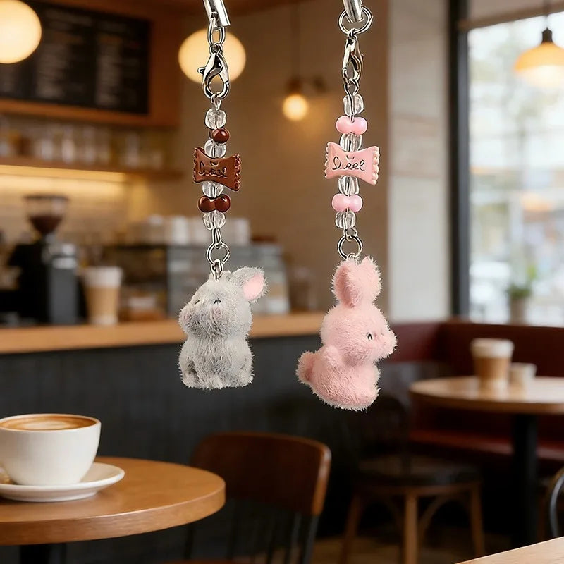 Flocked Rabbit Beaded Bag Charm Keyring