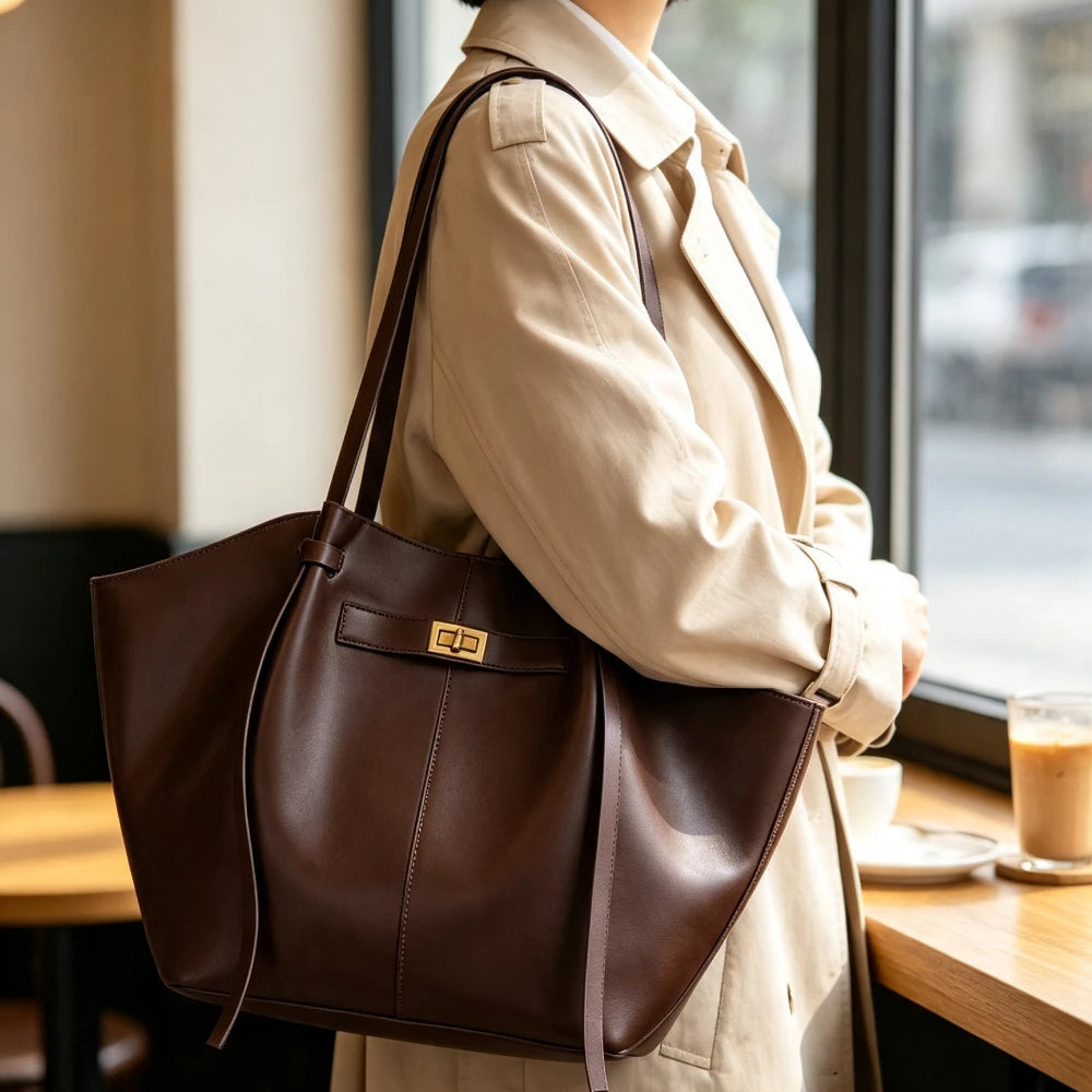 Large Metal Lock Shoulder Tote Bag