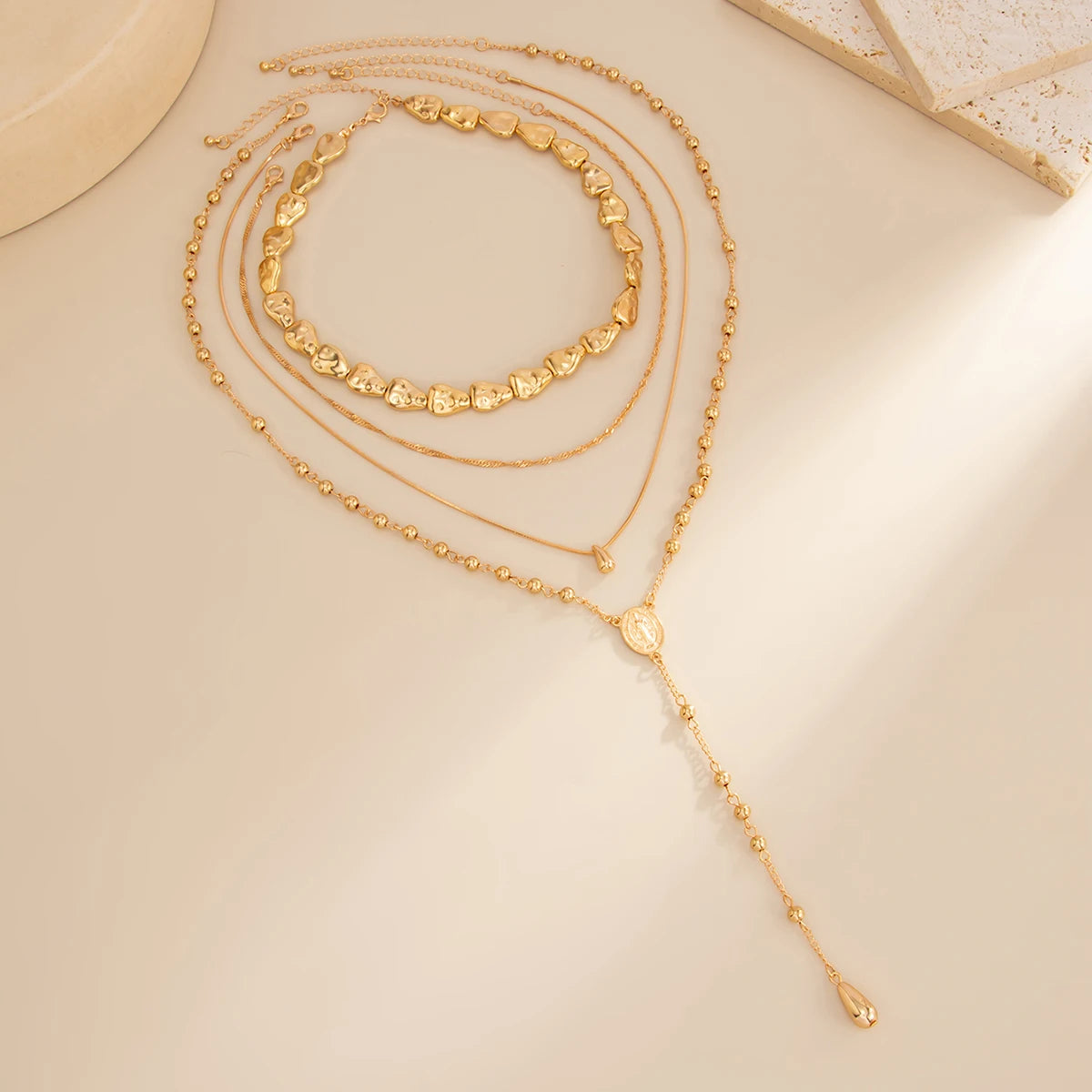 Gold Water Droplet Y Chain Necklace Set of 4