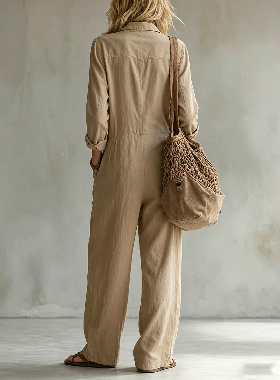 Lapel Collar Wide Leg Jumpsuit with Pockets