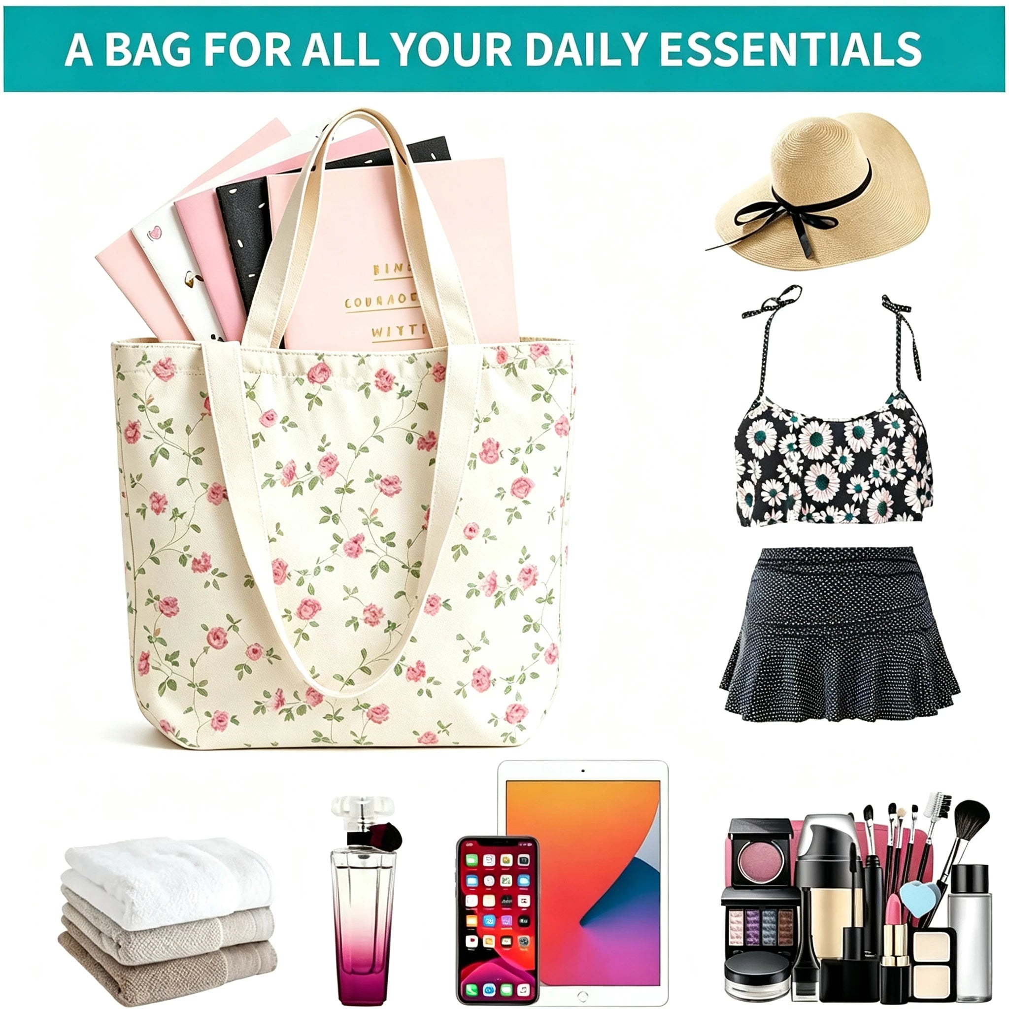 Printed Canvas Zip Shoulder Tote Bag