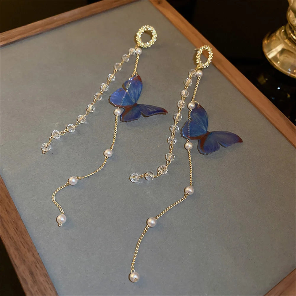 Pearl and Zircon Butterfly Tassel Earrings