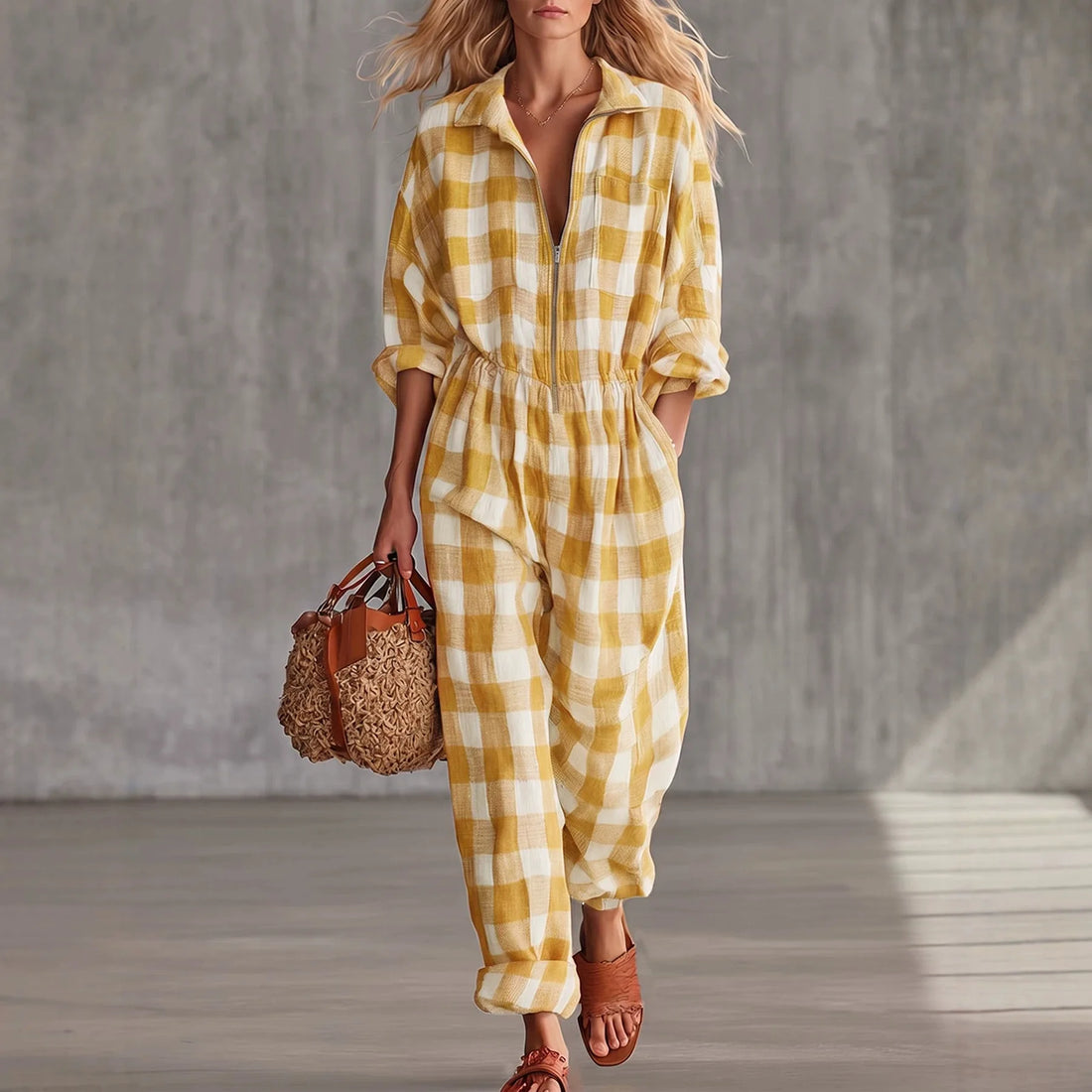 Women Plaid Jumpsuit Lapel Collar Zip Elastic Waist Loose Long Jumpsuits Ladies Casual Checkered Holiday Overalls With Pockets