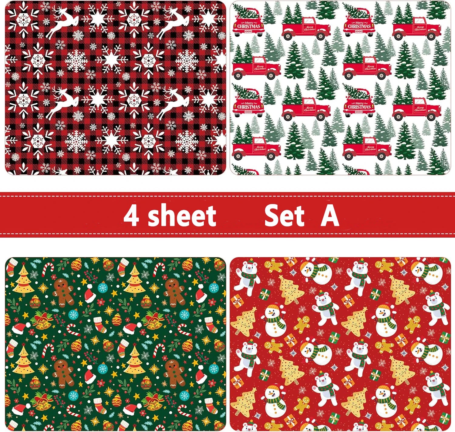 Christmas Kraft Wrapping Paper, 4 Sheets