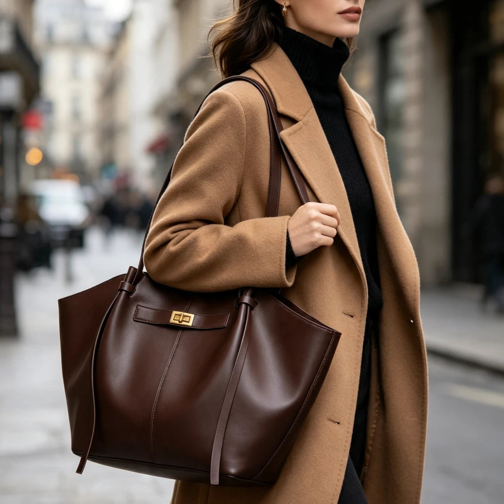 Large Metal Lock Shoulder Tote Bag