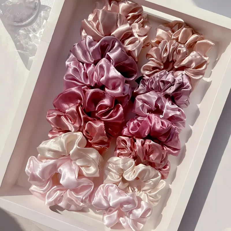 Satin Hair Ties in Pink and Brown, 16-Piece Set