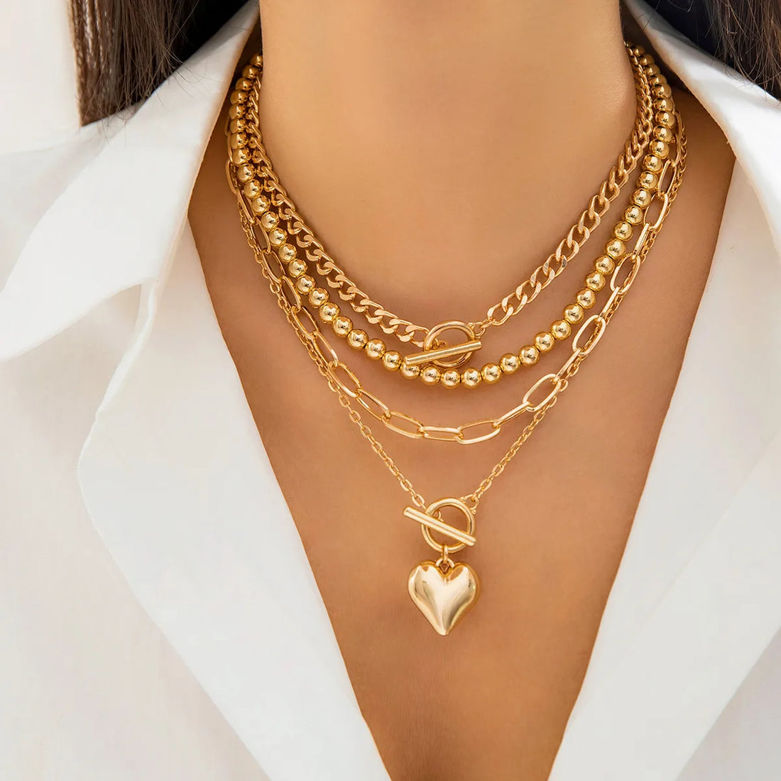 Gold Heart Pendant Layering Necklace Set of 4