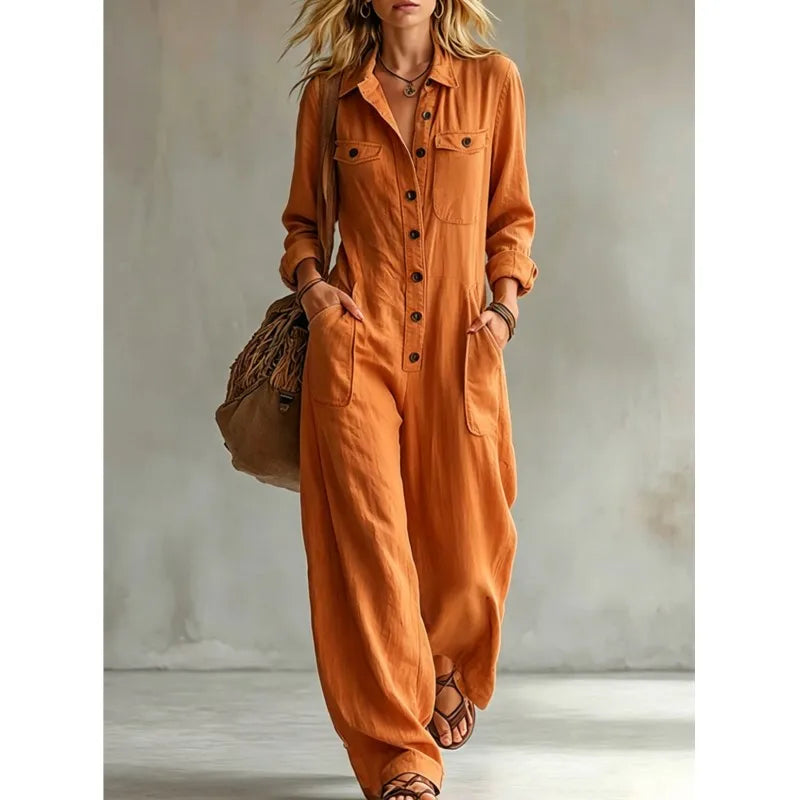 Lapel Collar Wide Leg Jumpsuit with Pockets