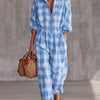 Women Plaid Jumpsuit Lapel Collar Zip Elastic Waist Loose Long Jumpsuits Ladies Casual Checkered Holiday Overalls With Pockets