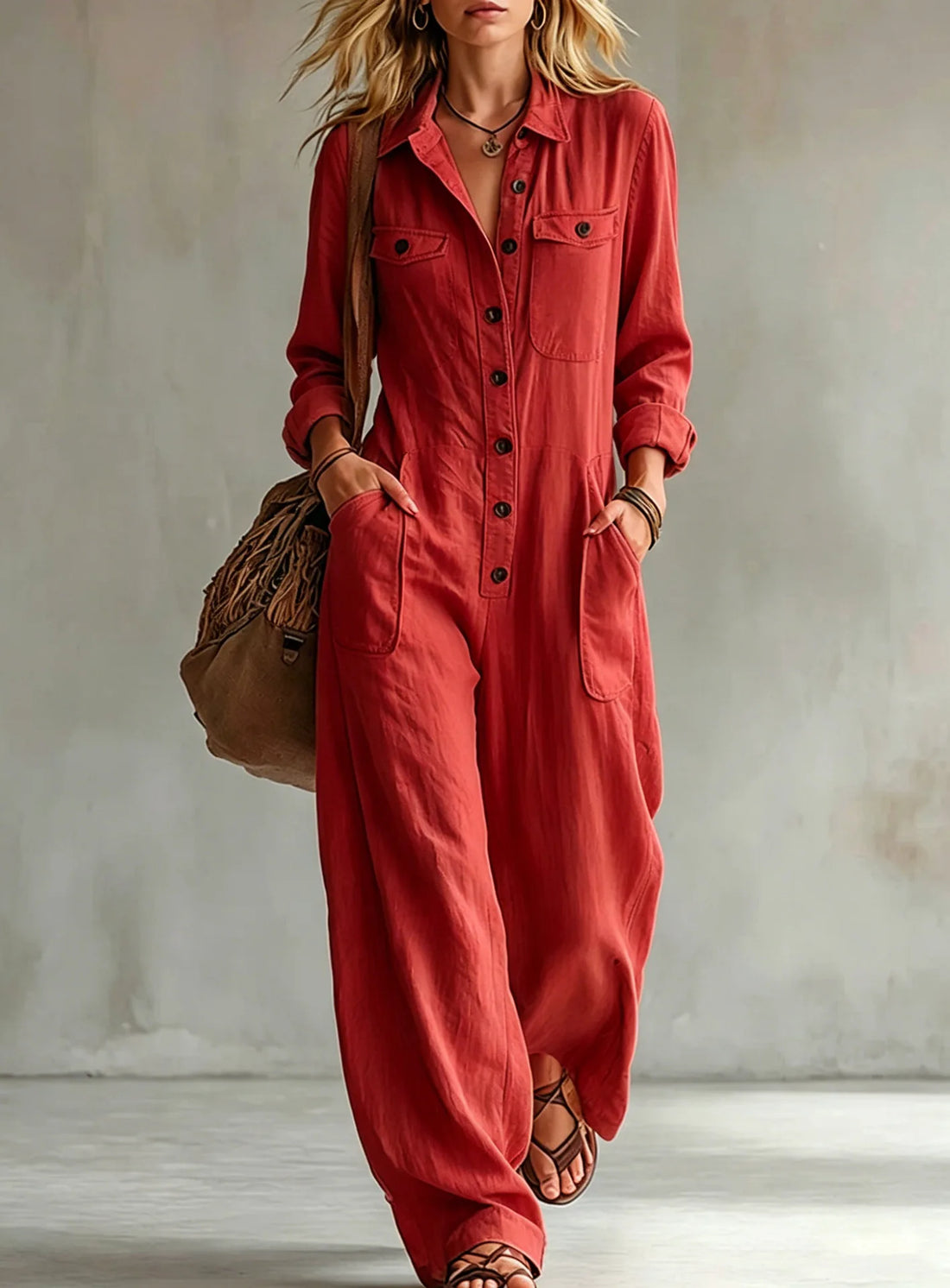 Lapel Collar Wide Leg Jumpsuit with Pockets